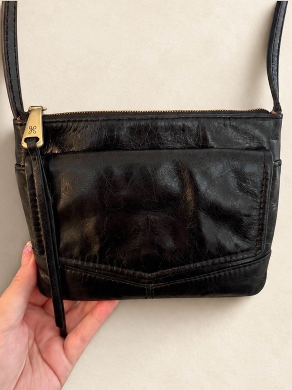 HOBO Black Leather Crossbody Front Flap Pocket Floral Lining Adjustable Strap